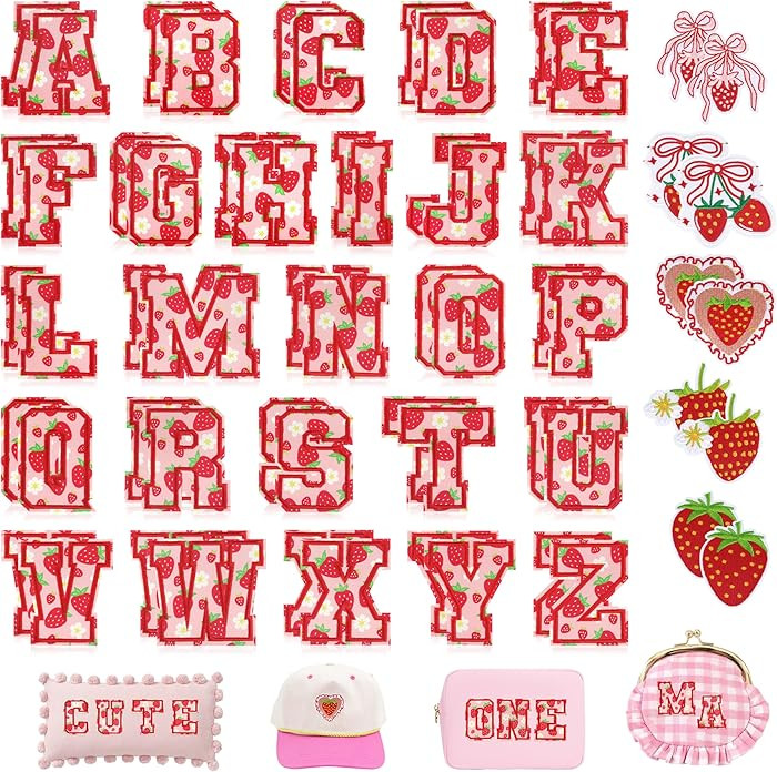KINGSOW Letters Iron On Patches for Clothing: 62PCS Strawberry Varsity Embroidered Patch for Girl... | Amazon (US)
