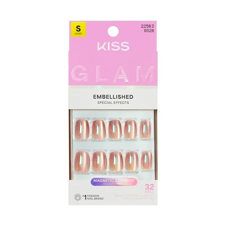 KISS GLAM Embellished Press On Nails, ‘Golden Hour Affairs’, Beige, Short Squoval, 32 Count | Walmart (US)