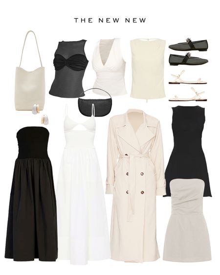 New Arrivals I’m Loving 🤍 LBD, cream trench coat, black maxi dress, white cut out dress, linen strapless top, black mesh ballet flats, white leather bucket bag, two tone metal earrings

#LTKStyleTip