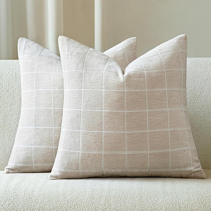 Decorative Chenille Plaid Boho Throw Pillow Covers Beige 18x18 Set of 2 | Amazon (US)