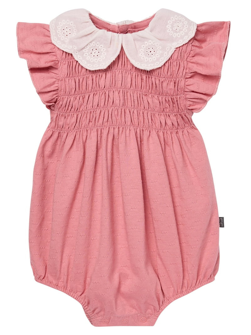 Modern Moments by Gerber Baby Girl Smocked Bubble Romper with Eyelet Collar, Sizes 0/3 Months - 2... | Walmart (US)