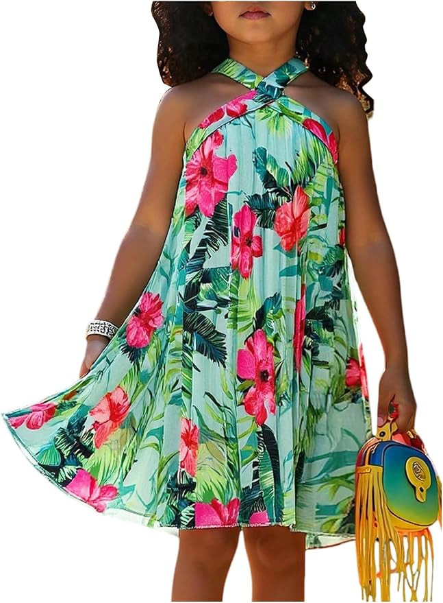 RoseSeek Girl's Tropical Floral Halter Dress A Line Flowy Sun Dress Casual Summer Vacation Outfit... | Amazon (US)