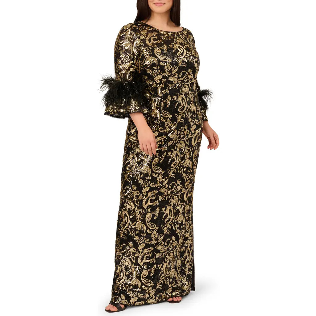Adrianna Papell Sequin Embroidered Gown in Black/Gold at Nordstrom, Size 20W | Nordstrom