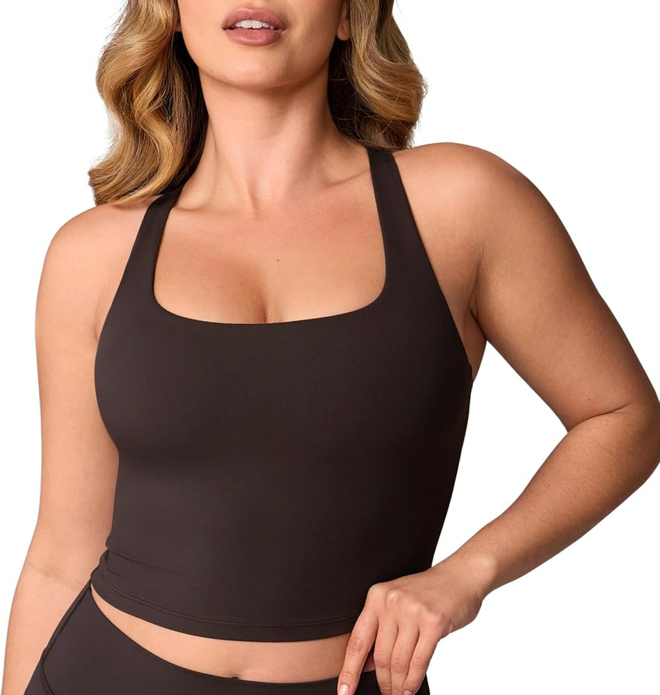 UNISSU Hugcurve Adjustable Racerback Longline Sports Bras Square Neck Padded Yoga Workout Crop Tank Tops for Women | Amazon (US)