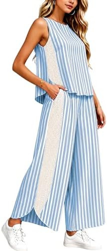 Yeokou Womens Striped Lounge Set 2 Piece Summer Travel Vacation Sets Sleeveless Tops and Wide Leg... | Amazon (US)