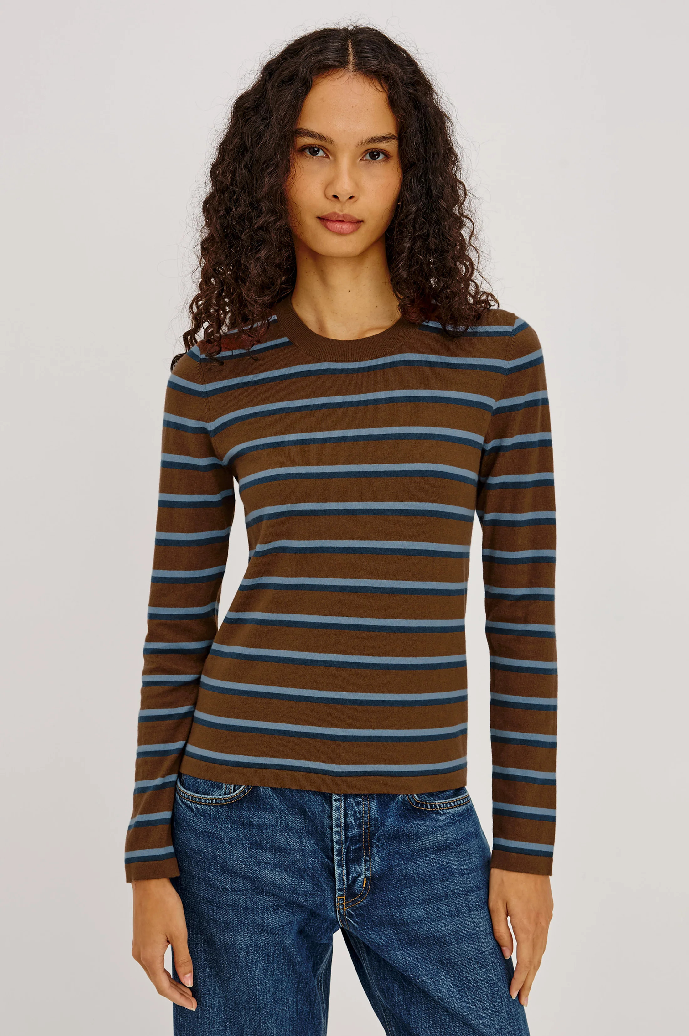 DAVIE COTTON CASHMERE LONG SLEEVE TEE - MOCHA STRIPE - M | Rails
