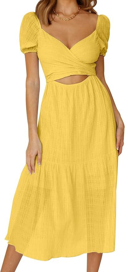 MIHOLL Womens Dresses Summer Casual Sexy V Neck Wrap Midi Dress | Amazon (US)