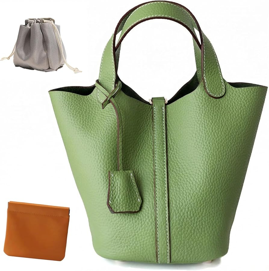 Genuine Leather Lock Design Bucket Bag Vegetable Basket, Fashionable and Versatile Satchel Handba... | Amazon (US)
