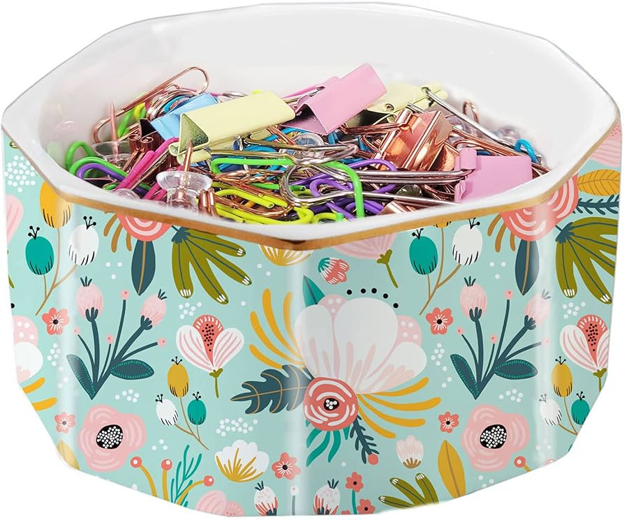 Ceramic Paper Clip Holder Gold Line Paper Clip Dispenser Organizer for Desk Cute Floral Pattern O... | Amazon (US)