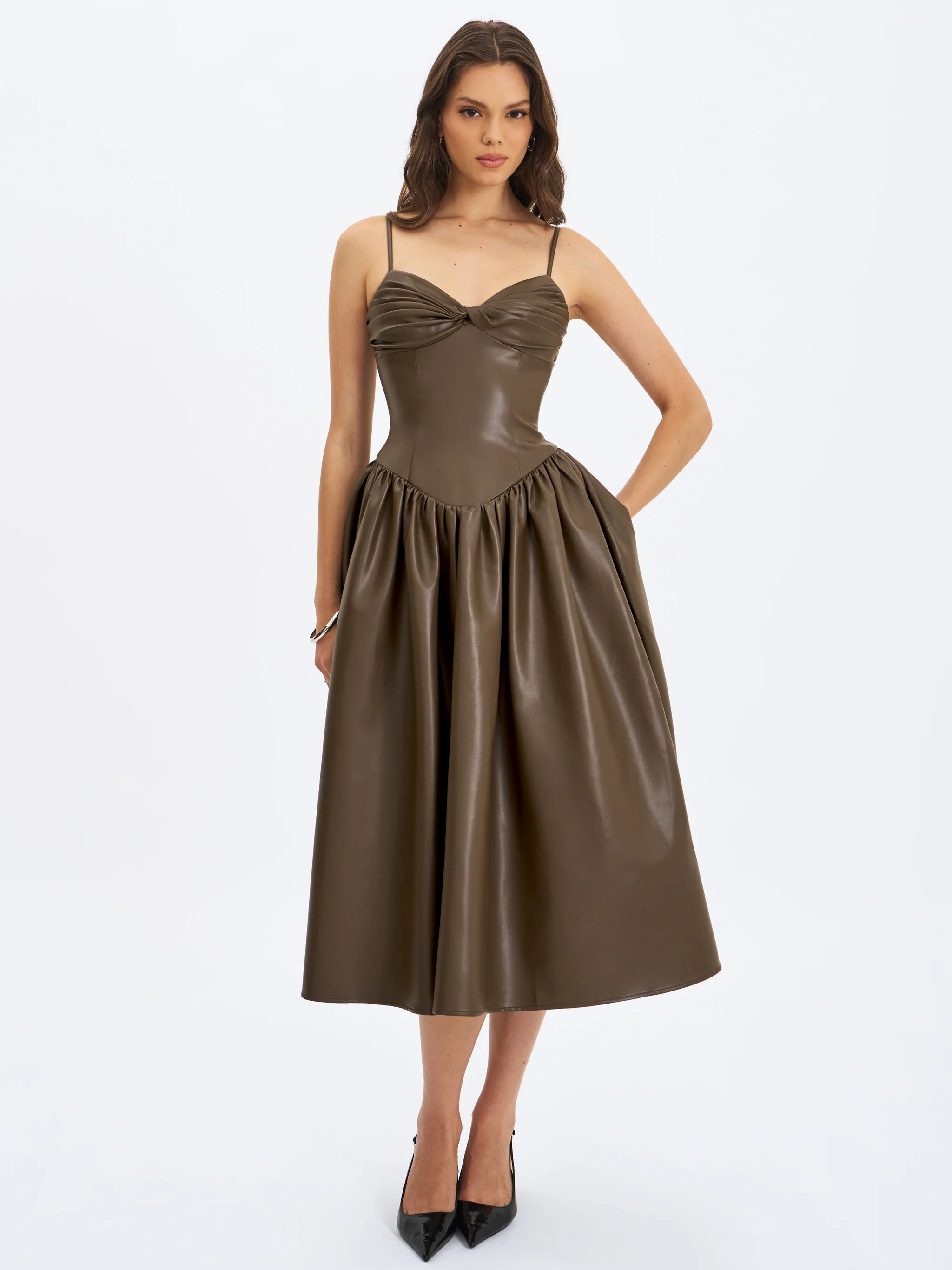 Parisia Cocoa Vegan Leather Drop Waist Maxi Dress | Miss Circle