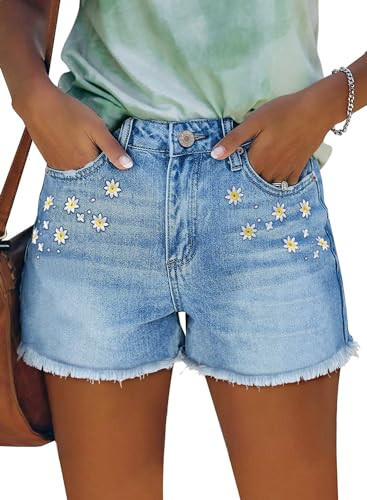 StunShow Women's Casual Denim Shorts Frayed Raw Hem Stretchy Jean Shorts Women's Mid Rise Denim Shorts B2-Light Blue | Amazon (US)