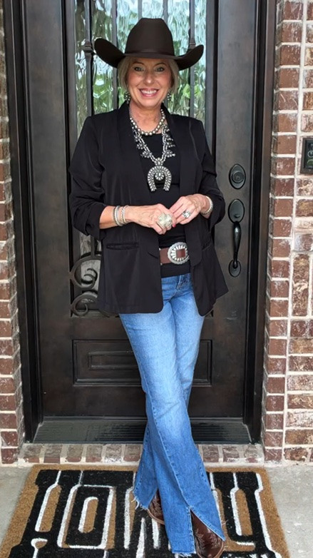 The Texas Trio was never meant to limit your style… it was meant to unlock it. 

Start with three accessories, but don’t stop there. Start with boots, Add a belt. Add the hat. Add the cuff. Add the statement necklace. Keep piling on the personality until your outfit feels finished to YOU.

Because style isn’t about following rules at our age. It’s about giving yourself permission to be seen.

#fashionover50 #westernchic #westernstyle #westernfashion #rodeoseason