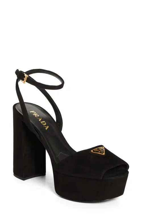 Prada Triangle Logo Ankle Strap Plaform Sandal in Nero at Nordstrom, Size 9.5Us | Nordstrom