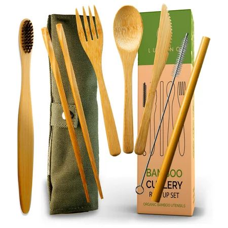 LUXANO Bamboo Cutlery Set Reusable Utensils with Rollup Case Eco-Friendly Silverware | Walmart (US)