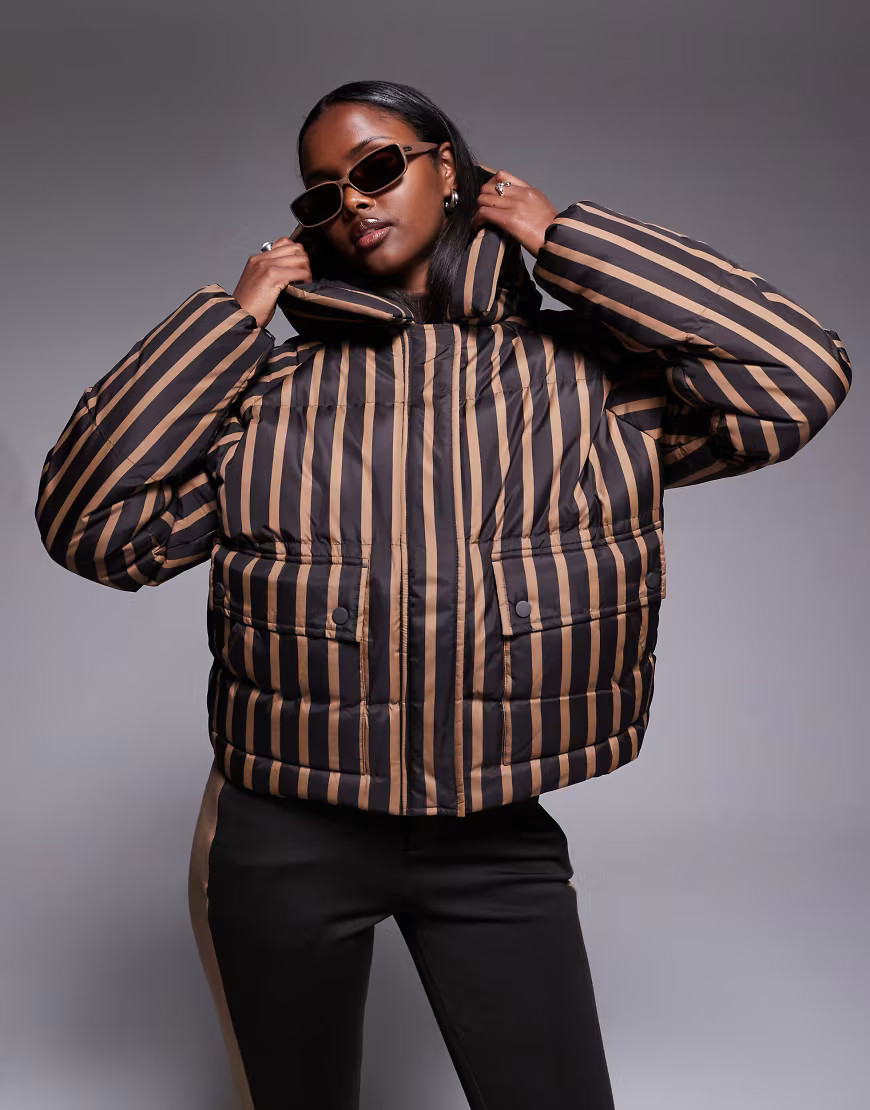 Threadbare Ski striped puffer coat with hood in brown and camel | ASOS (Global)