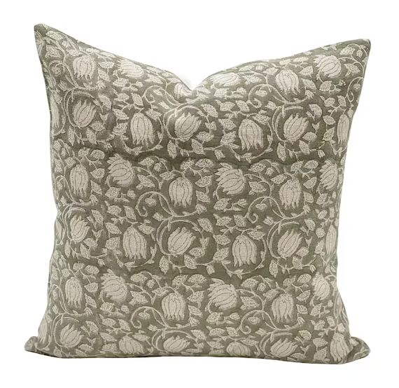 Designer Grey Green Floral Design on Natural Linen Pillow - Etsy | Etsy (US)
