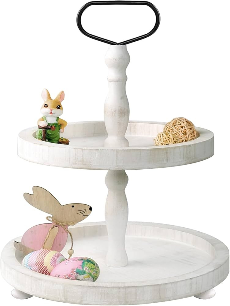 2 Tiered Tray, Rustic Round Farmhouse Style Decorative Tray, Dessert Stand Kitchen Island Decor, ... | Amazon (US)