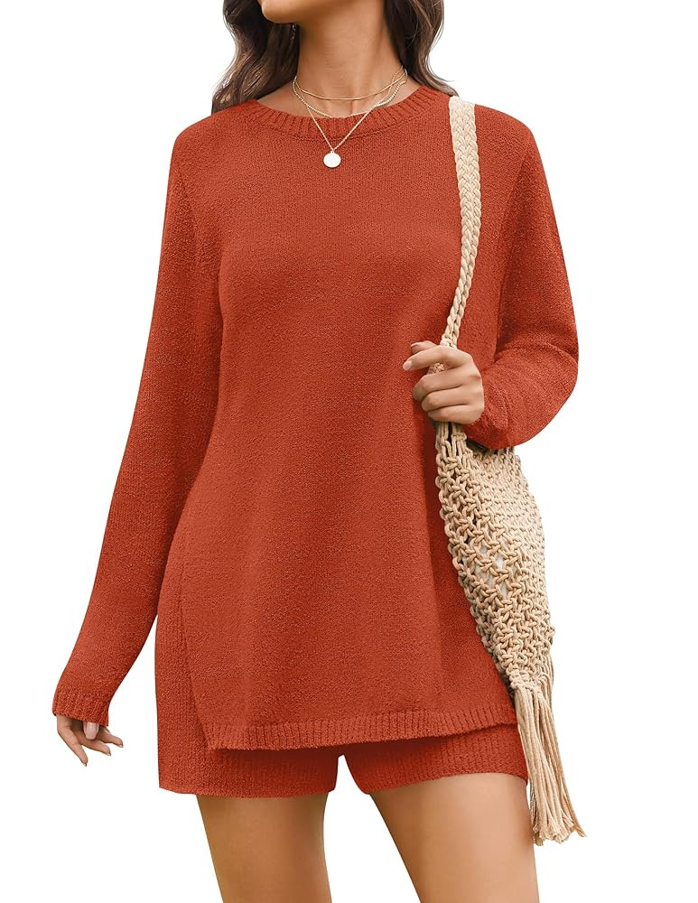 NENONA Women's Spring Summer 2 Piece Outfits Long Sleeve Casual Tunic Sweater & Shorts Knit Beach... | Amazon (US)