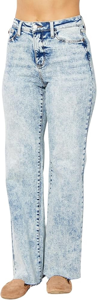 Judy Blue Women's High-Rise Mineral Wash Raw Hem Wide Leg Jeans | Amazon (US)