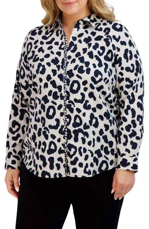 Foxcroft Charlie Leopard Print Cotton Button-Up Shirt in Black at Nordstrom, Size 16W | Nordstrom