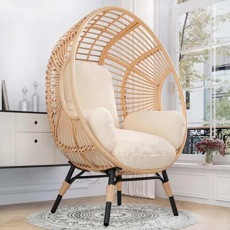 CHINNLUU Oversized Egg Chair with Thick Cushion Ergonomic Wicker Lounge Chair for Living Room, Balcony - 500lbs Capacity Indoor/Outdoor Rattan Patio Chair(Natural) | Walmart (US)