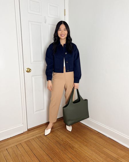 Cropped navy jacket (XSP)
White tank top  (XS)
Khaki pants  (4P)
Beige pants 
Olive green tote bag 
Cuyana system tote
White pumps  (1/2 size up)
White mule pumps
Smart casual outfit 
Business casual outfit 
Ann Taylor outfit 
Professional outfit 
Spring work outfit

#LTKfindsunder100 #LTKSeasonal #LTKworkwear