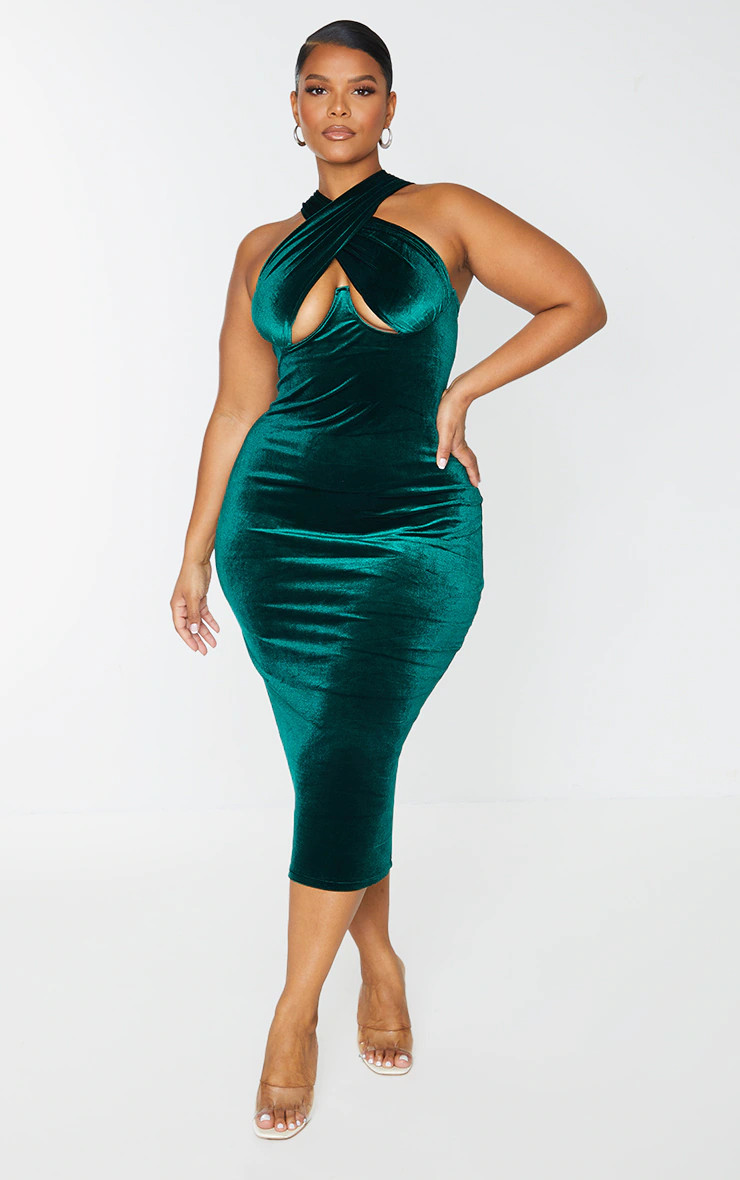 Plus Emerald Green Velvet Underwired Cross Front Midi Dress | PrettyLittleThing US