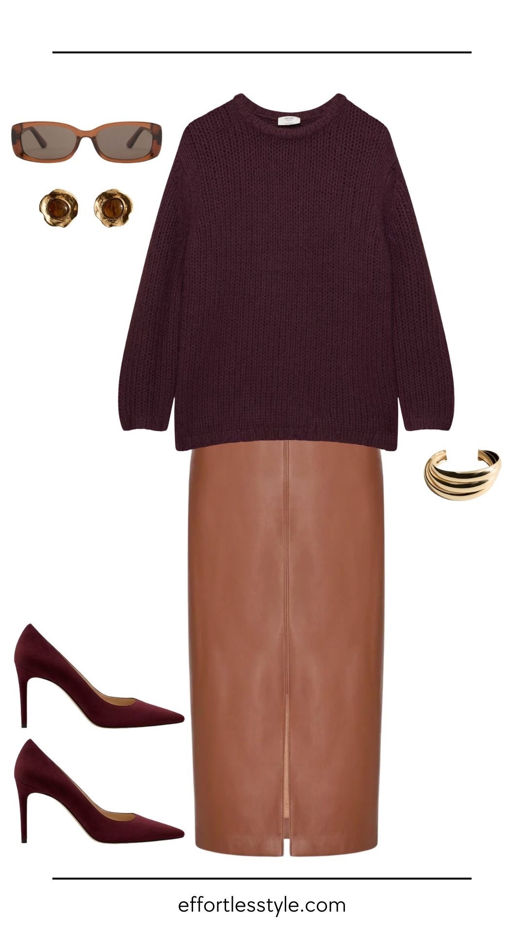 There’s just something about the mix of rich burgundy and cognac that feels so luxe for fall. The cozy sweater paired with a sleek vegan leather skirt strikes the perfect balance between bold and timeless. Matching heels keep the look cohesive, while gold accessories and warm-toned sunglasses pull it all together with a little extra polish. It’s an effortlessly chic combo that works just as well for the office as it does for a holiday dinner.

#LTKBeauty #LTKgrwm #LTKSeasonal