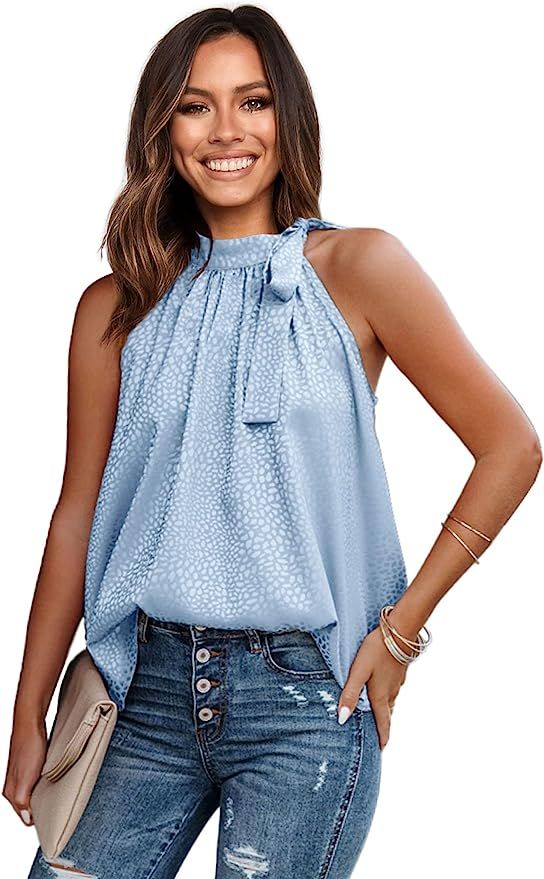 BTFBM Women Sleeveless Tie Mock Neck Summer Tops Loose Soft Leopard Solid Casual Side Bow Halter ... | Amazon (US)