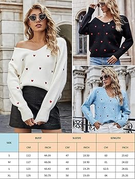 ECOWISH Women Valentine Heart Sweater V Neck Embroidery Knit Loose Casual Long Sleeve Ribbed Pull... | Amazon (US)