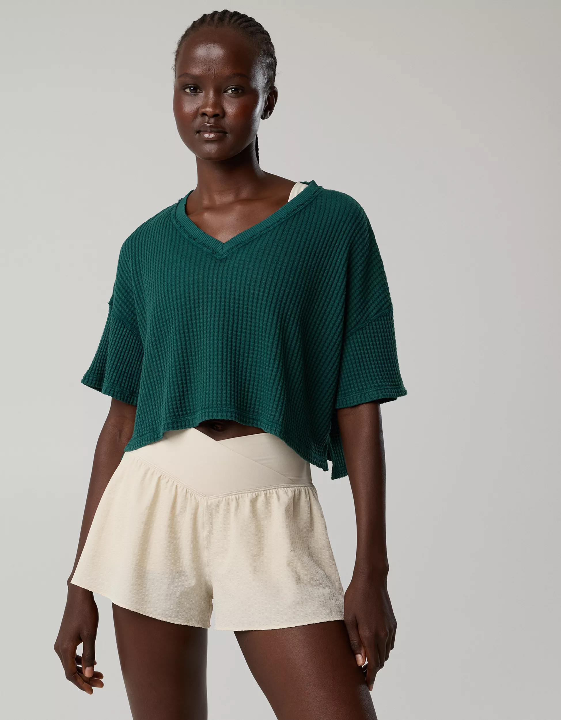 OFFLINE By Aerie Wow! Waffle V Neck Cropped Short Sleeve T-Shirt | Aerie