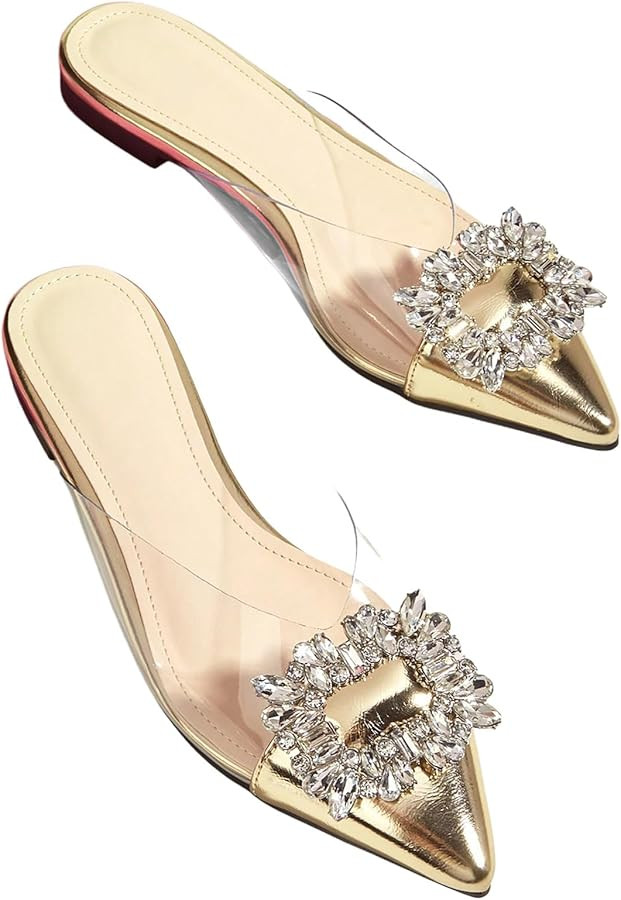 Floerns Women's Rhinestone Transparent Closed Pointed Toe Backless Mules Flat | Amazon (US)