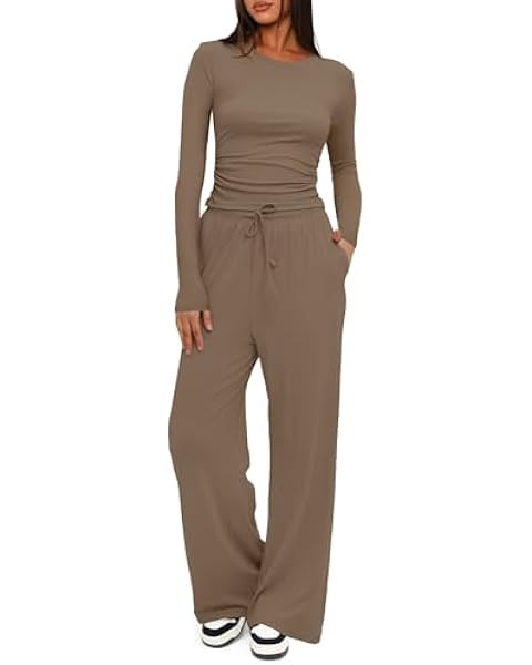 PRETTYGARDEN Women's 2 Piece Loungewear Long Sleeve Crop Top Wide Leg Palazzo Pants Set Tracksuit... | Amazon (US)