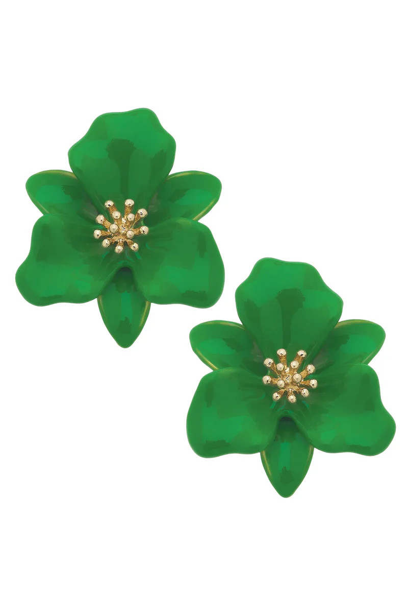 Valentina Enamel Flower Statement Earrings in Kelly Green | CANVAS
