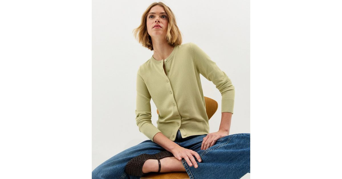 Light Green Knit Crew Neck Button Up Cardigan | New Look | New Look (UK)
