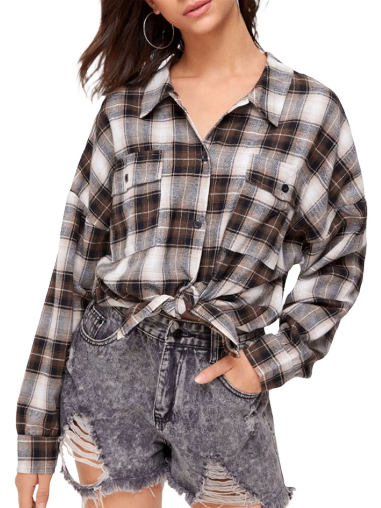 Womens Flannel Plaid Shirts New Long Sleeve Button Down Long Casual Shirt Jacket | Walmart (US)