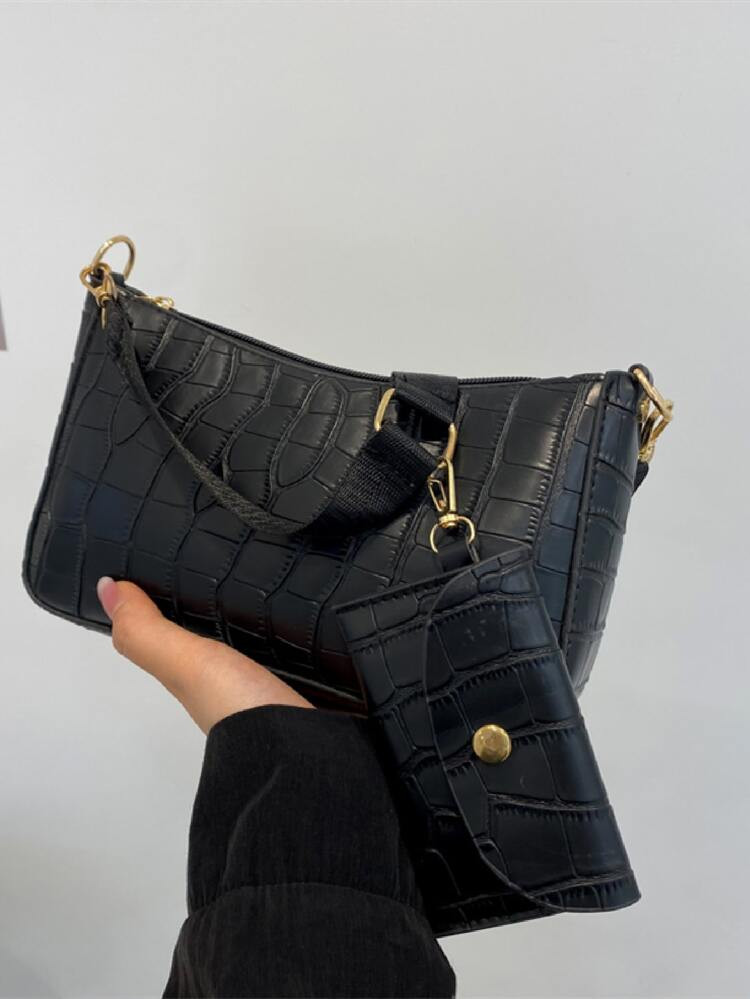 Croc Embossed Crossbody Bag With Purse | SHEIN