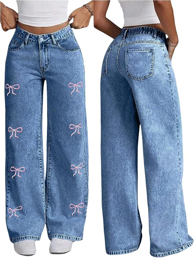 SweatyRocks Women's Casual Straight Leg Jeans Bow Embroidery High Waist Denim Pants with Pockets | Amazon (US)