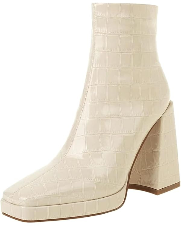 vivianly Women's Square Toe Ankle Boots Block Chunky Heel Platform Short Boots Side Zipper Bootie... | Amazon (US)