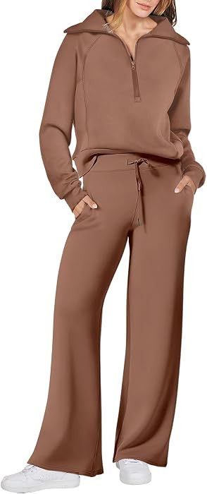 ANRABESS Women\u2019s 2 Piece Outfits Half Zip Sweatshirt & Wide Leg Pants Airport Travel Lounge ... | Amazon (US)