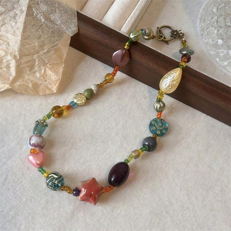 1pc Colorful Charming Glass Rice Beads Ceramic Star Acrylic Beaded Necklace - Elegant Choker Neck... | SHEIN