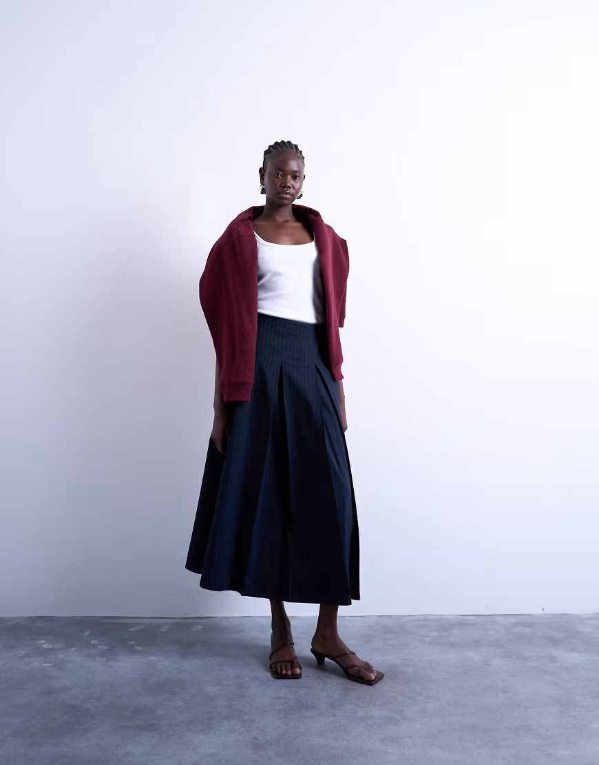 Topshop pleated midi skirt in navy with rust stripe-Multi | ASOS (Global)