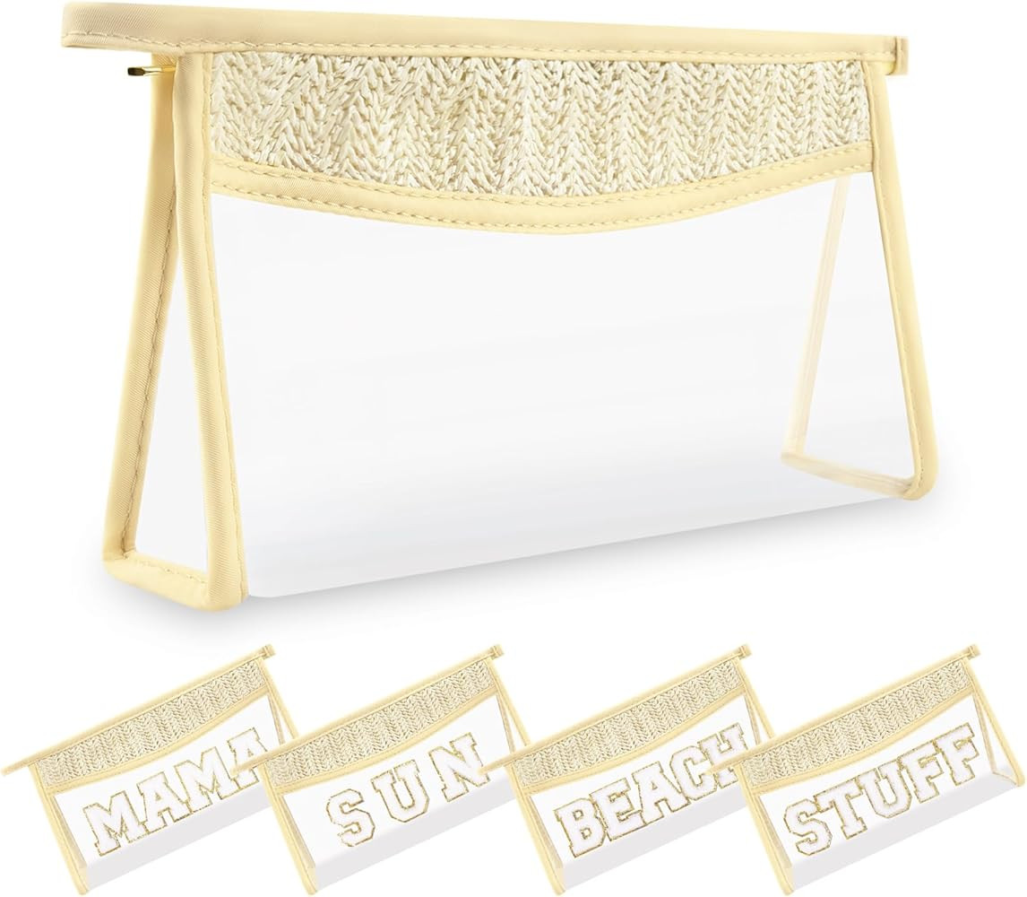 Small Boho Straw Clear Makeup Bags for Women&Girls, Zipper Cosmetic Bag Chenille Varsity Letter P... | Amazon (US)