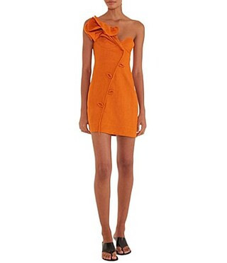 Farm Rio Orange One Shoulder Sweetheart Neckline Flower Applique Mini Linen Dress -  M | Dillard's