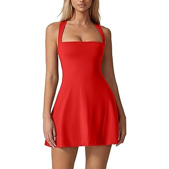 QINSEN Womens Square Neck Tennis Dress Sleeveless Built in Shorts Golf Athletic Dress with Pocket... | Amazon (US)