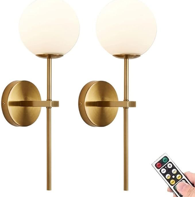 KEFA Gold Battery Operated Wall Sconces Set of 2, Modern Globe Glass Shade, not Hardwired Brass F... | Amazon (US)