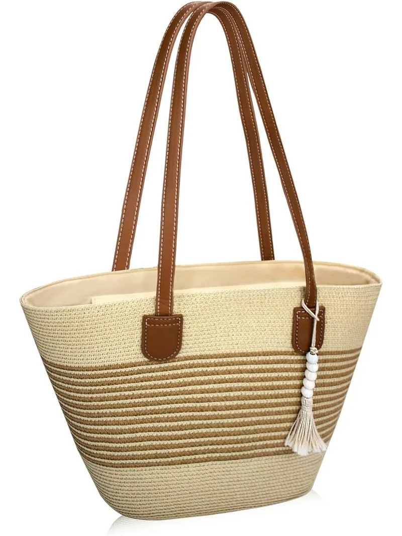 Straw Beach Tote Bag for Women, Large Woven Purse with Zipper for Summer Travel, Beach Vacation S... | Walmart (US)