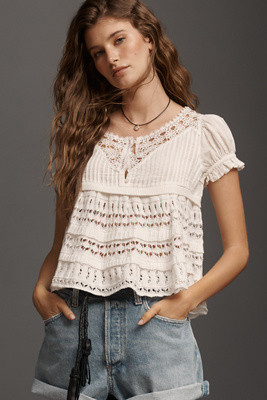 By Anthropologie Cotton Puff Sleeve Crochet Knit Top | Anthropologie (US)