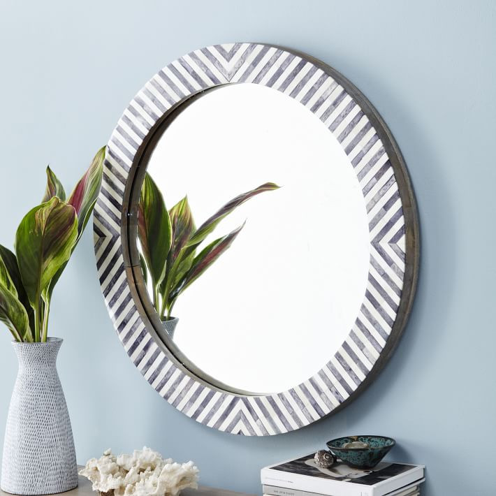 Parsons 30" Round Bone Inlay Mirror - Gray Herringbone | West Elm (US)