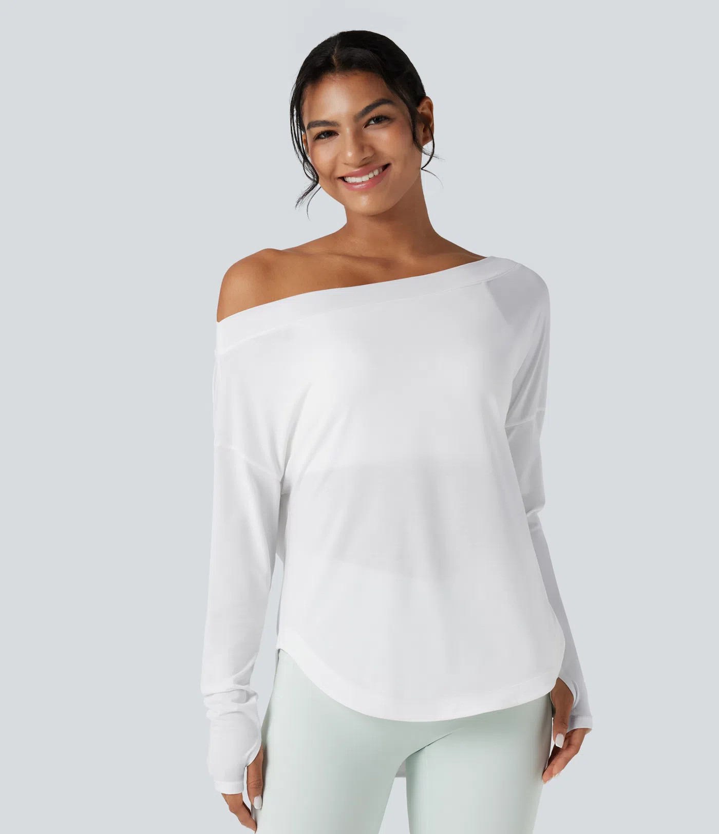 Women’s One Shoulder Long Sleeve Thumb Hole Curved Hem High Low Quick Dry Yoga Sports Top-Built... | HALARA